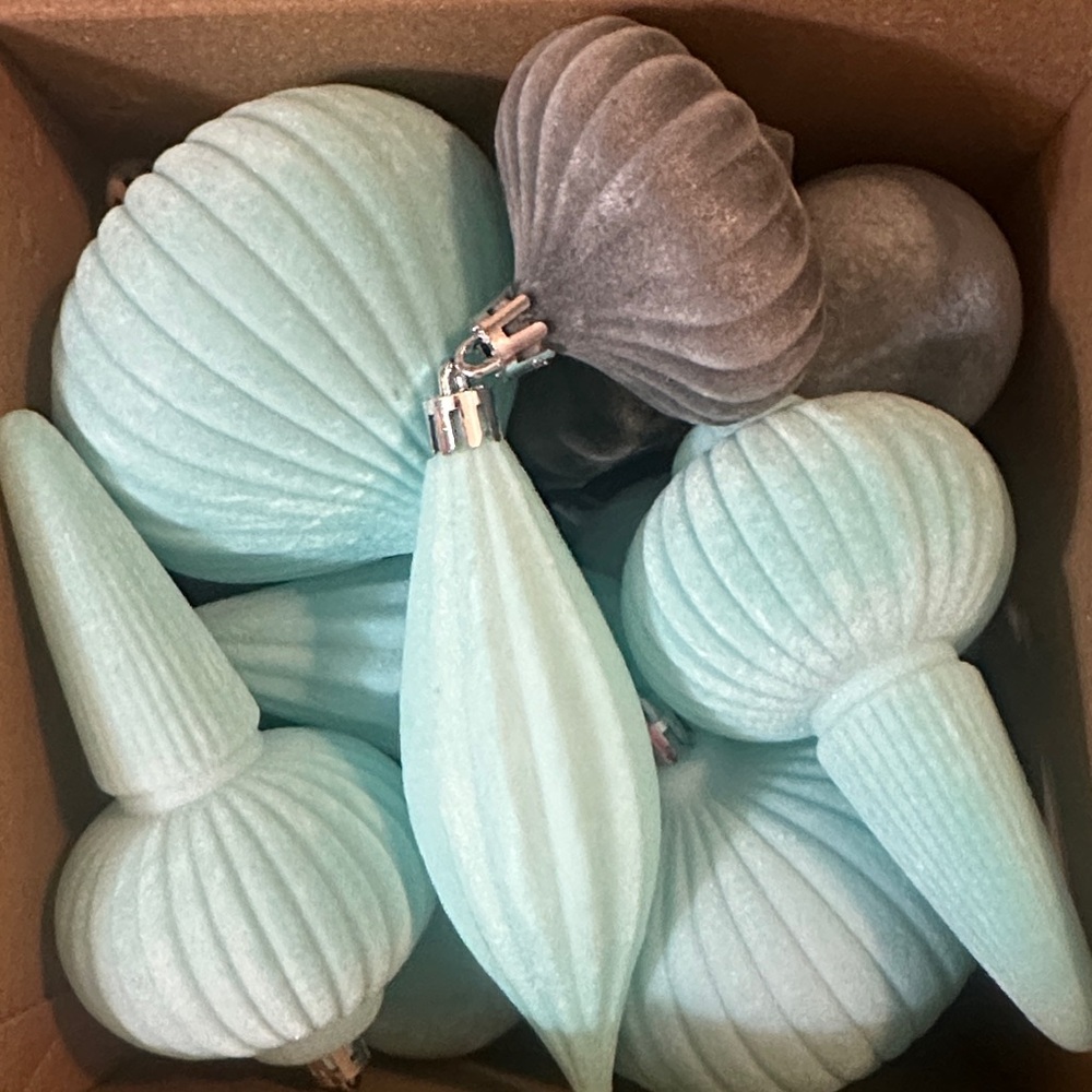 Velvet Teardrop & Ribbed Ball Ornaments in Pale Aqua and Gray 47 Pieces